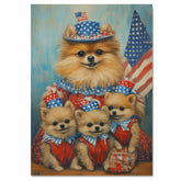 Adorable Pomeranian Dog Family in Red White and Blue Outfits Celebrating Fourth of July with American Flags and Star Hats on Ready to Hang 1.5" Thick Canvas Wrap, Floating Framed Canvas, Flat Rolled Canvas